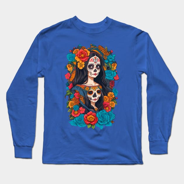 Sugar Skull Halloween Long Sleeve T-Shirt by CatCoconut-Art